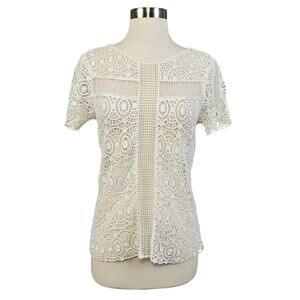 Daniel Rainn Womens Crochet Lace Blouse‎ Size XS White Sheer Bohemian Cottage